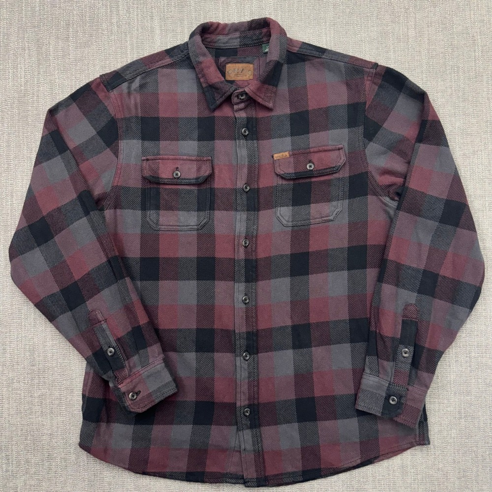 Orvis Mens Classic Collection Heavyweight Flannel Shirt Burgundy Grey Plaid L